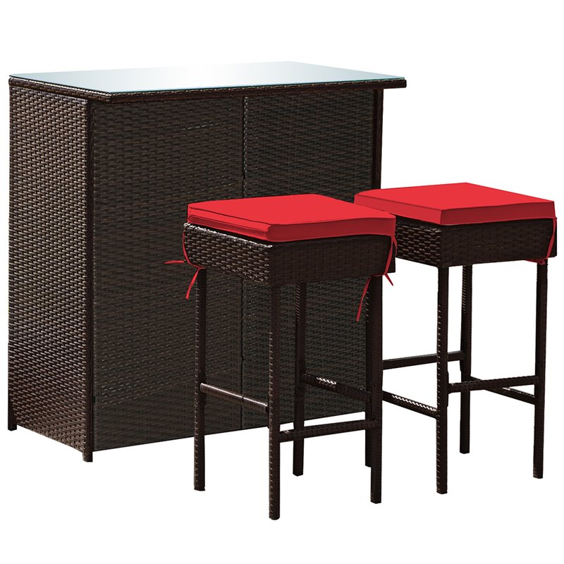 Costway 3-piece Rattan and Iron Patio Dining Set with Cushioned Chairs in Red