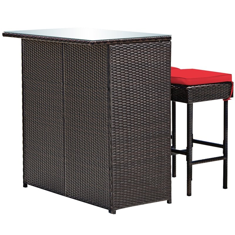 Costway 3-piece Rattan and Iron Patio Dining Set with Cushioned Chairs in Red