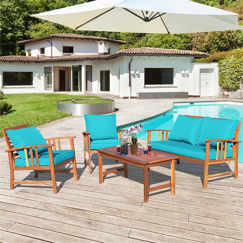 Costway 4-piece Contemporary Wood and Polyester Patio Furniture Set in Turquoise