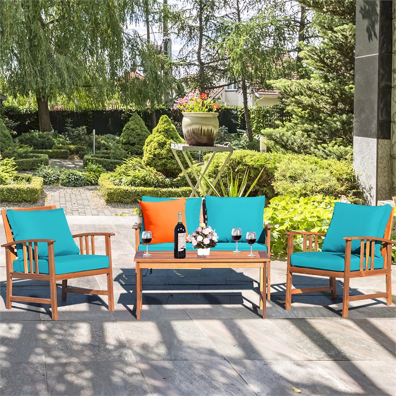 Costway 4-piece Contemporary Wood and Polyester Patio Furniture Set in Turquoise
