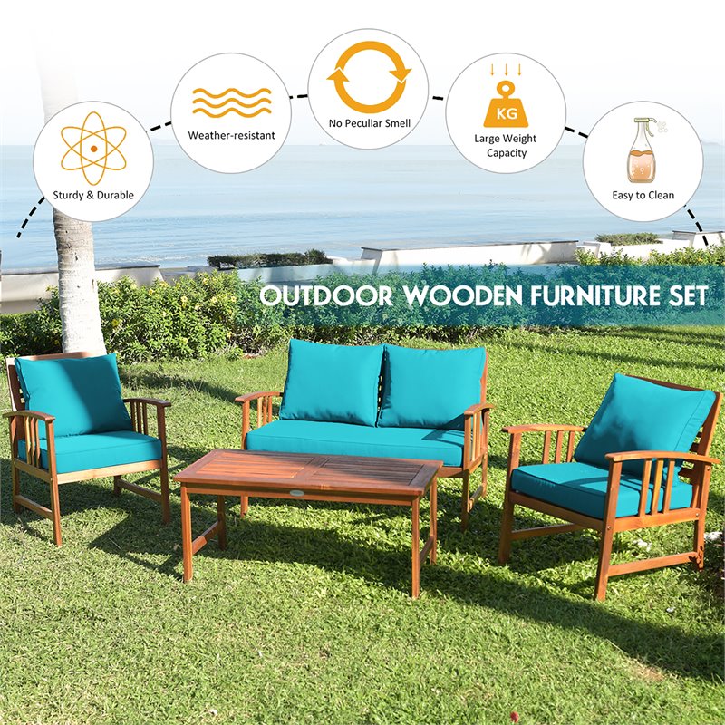 Costway 4-piece Contemporary Wood and Polyester Patio Furniture Set in Turquoise