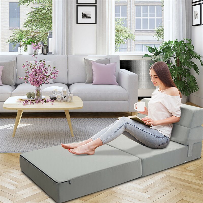 Costway Contemporary Polyester and Sponge Tri-Fold Flip Out Lounger in Gray