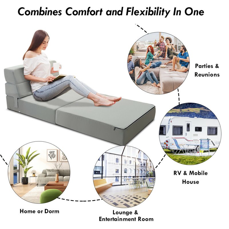 Costway Contemporary Polyester and Sponge Tri-Fold Flip Out Lounger in Gray