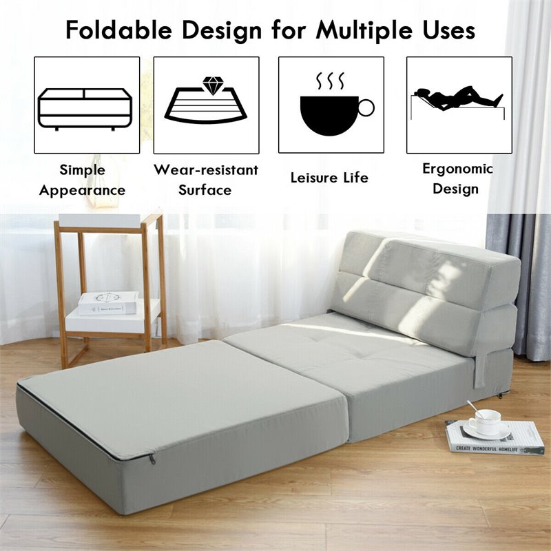 Costway Contemporary Polyester and Sponge Tri-Fold Flip Out Lounger in Gray
