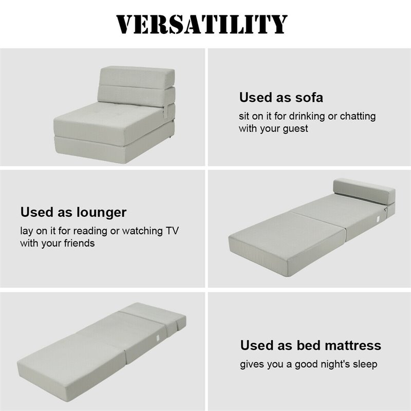 Costway Contemporary Polyester and Sponge Tri-Fold Flip Out Lounger in Gray