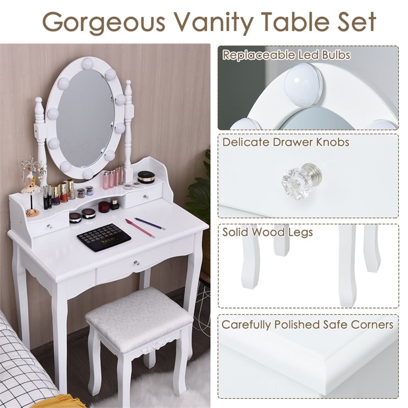 Costway Contemporary MDF Vanity Dressing Table Set with 2 Side Drawers in White