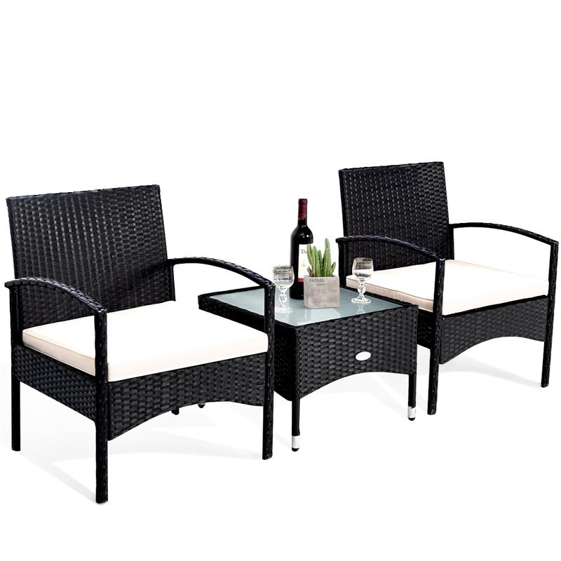Costway 3-piece Wicker Patio Furniture Set with Table & 2 Chair in Black