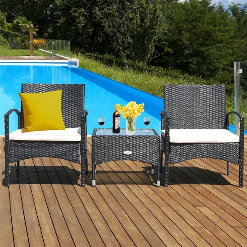 Costway 3-piece Wicker Patio Furniture Set with Table & 2 Chair in Black