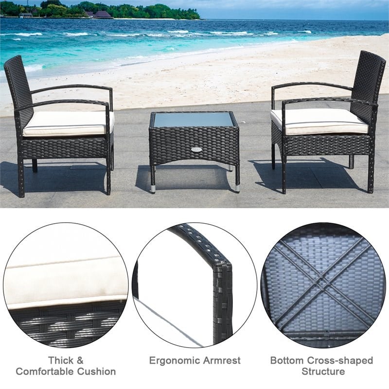 Costway 3-piece Wicker Patio Furniture Set with Table & 2 Chair in Black