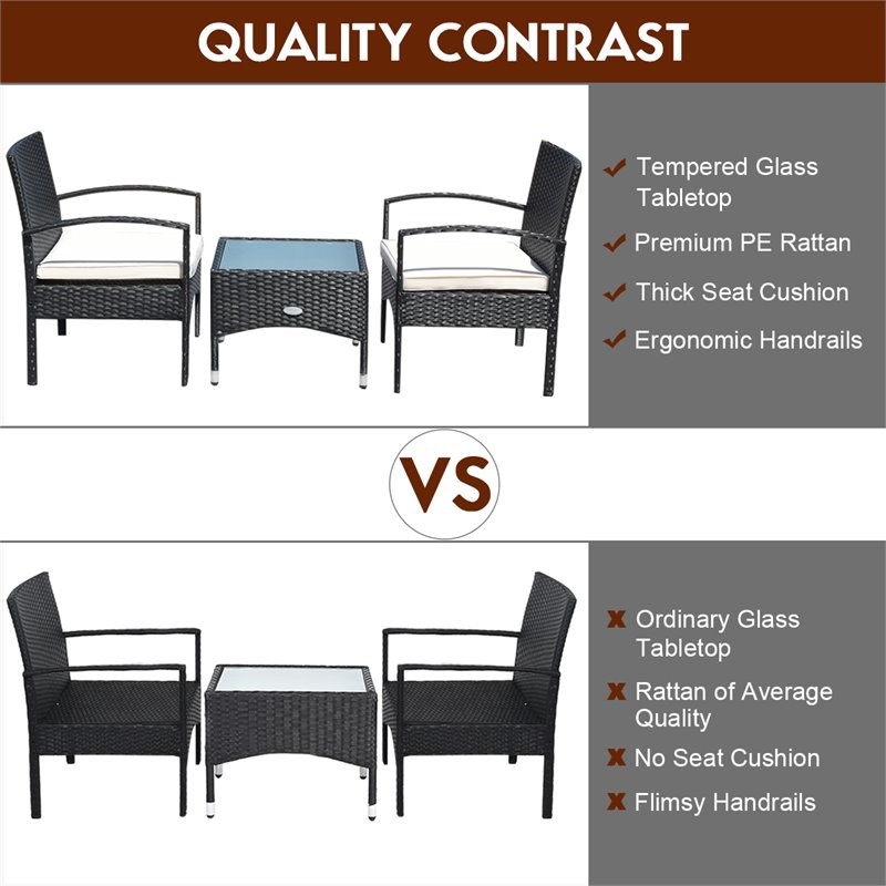 Costway 3-piece Wicker Patio Furniture Set with Table & 2 Chair in Black