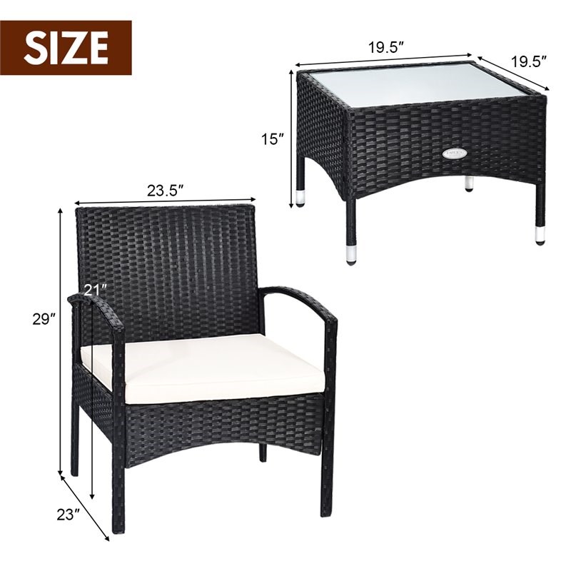 Costway 3-piece Wicker Patio Furniture Set with Table & 2 Chair in Black