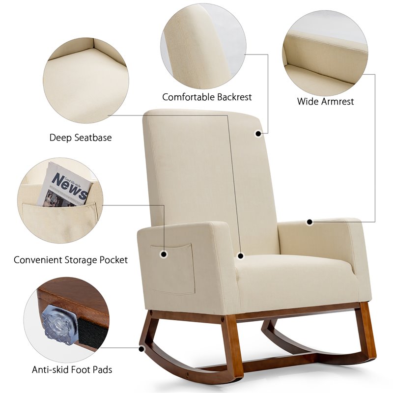 Costway Contemporary Wood and Fabric Upholstered Rocking Chair in Beige