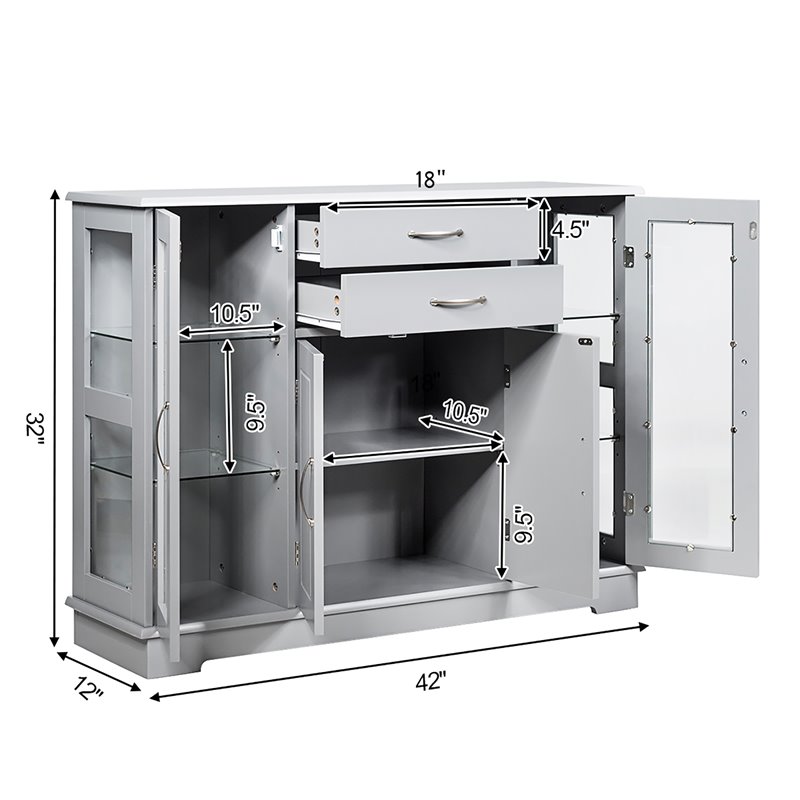 Costway Contemporary Density Board Buffet with 2 Drawers and 3 Cabinets in Gray