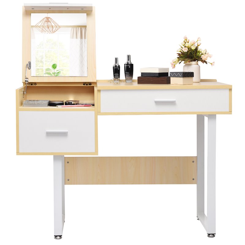 Costway Contemporary Wood and Steel Flip Top Makeup Table in White