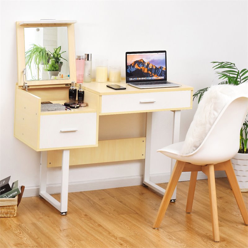 Costway Contemporary Wood and Steel Flip Top Makeup Table in White