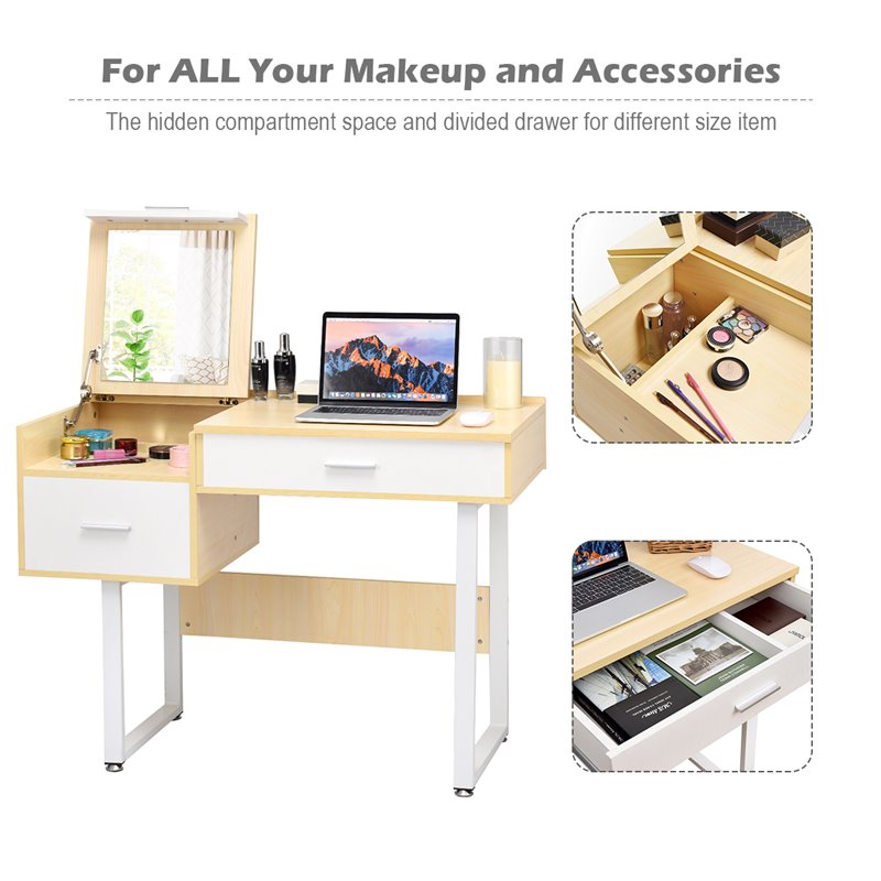 Costway Contemporary Wood and Steel Flip Top Makeup Table in White