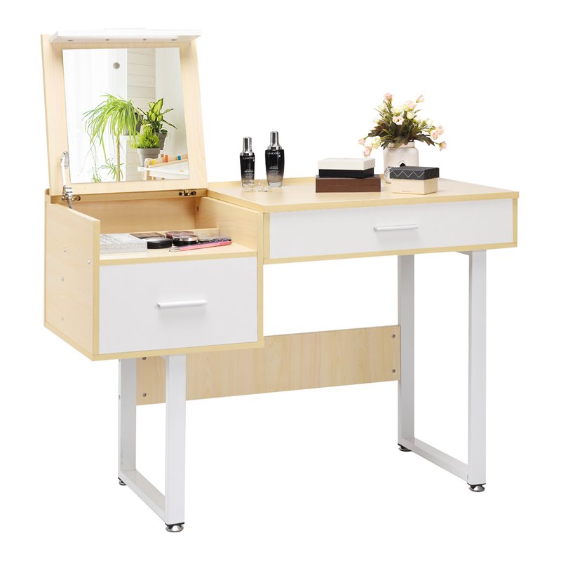Costway Contemporary Wood and Steel Flip Top Makeup Table in White