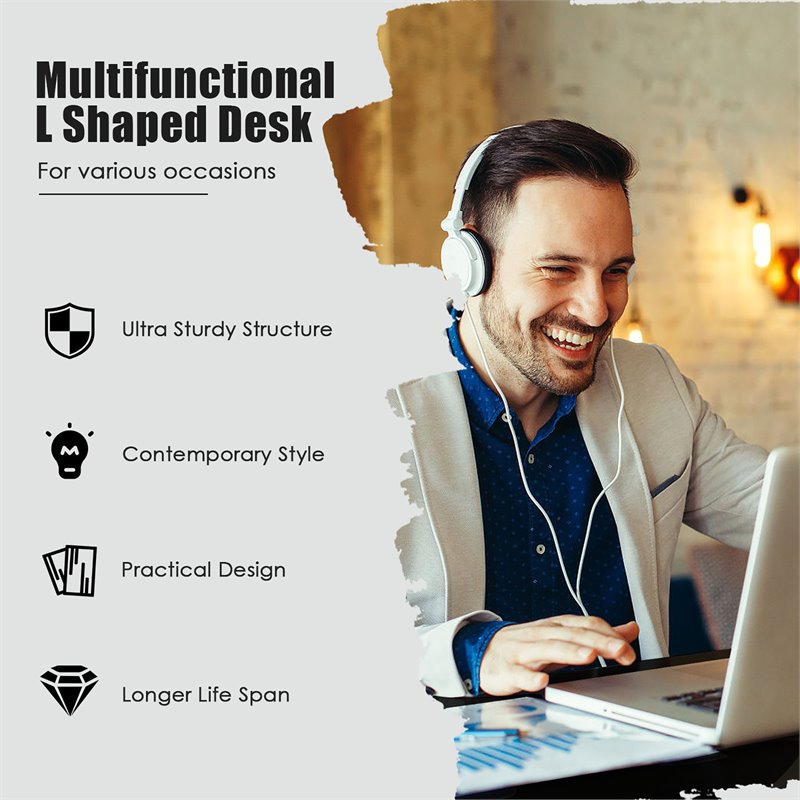 Costway L-Shaped MDF Corner Computer Desk with Drawers in Black