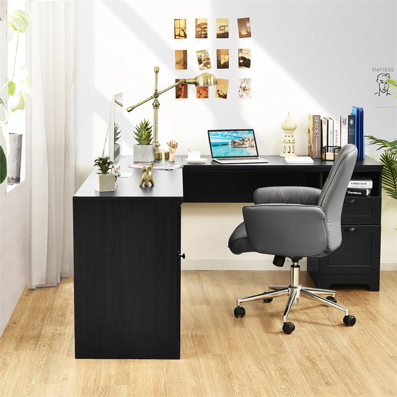Costway L-Shaped MDF Corner Computer Desk with Drawers in Black