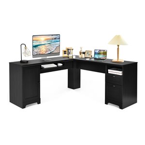 costway l-shaped mdf corner computer desk with drawers in black