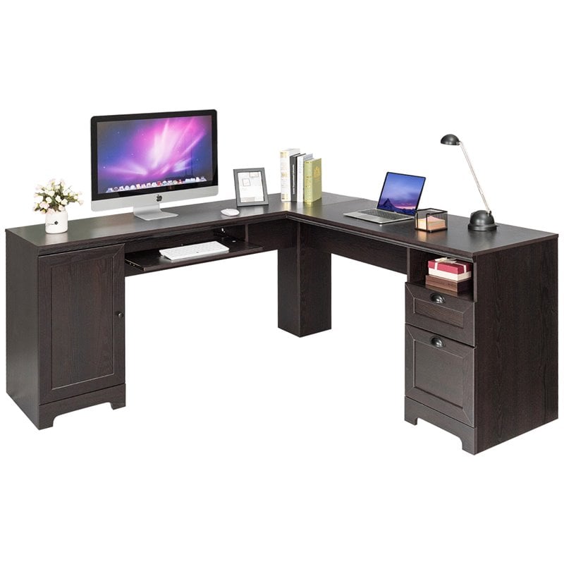 Costway L-Shaped MDF Corner Computer Desk with Drawers in Dark Coffee Finish