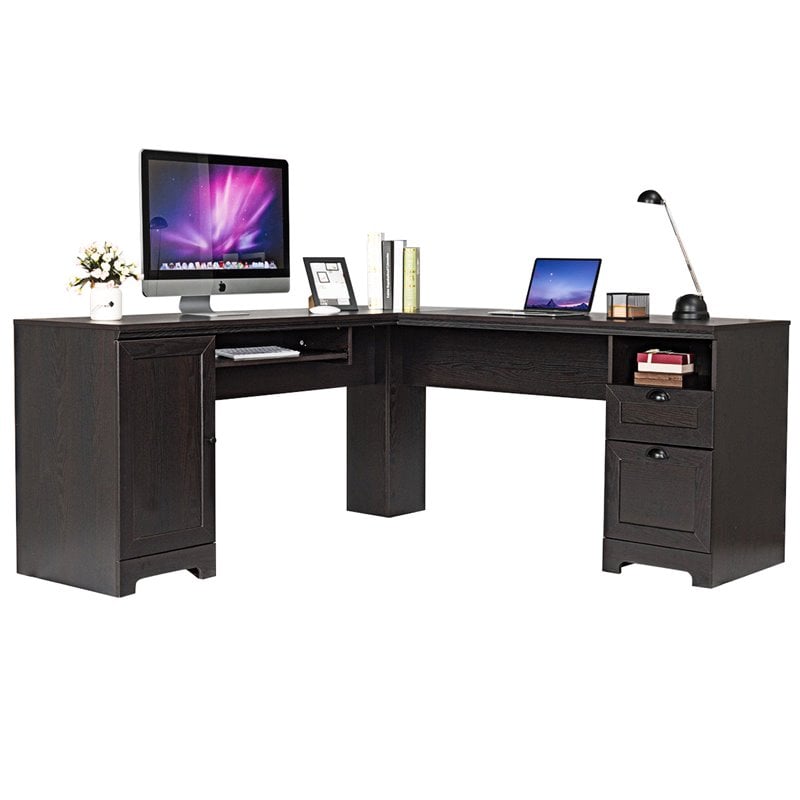 Costway L-Shaped MDF Corner Computer Desk with Drawers in Dark Coffee Finish