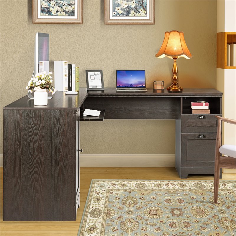 Costway L-Shaped MDF Corner Computer Desk with Drawers in Dark Coffee Finish