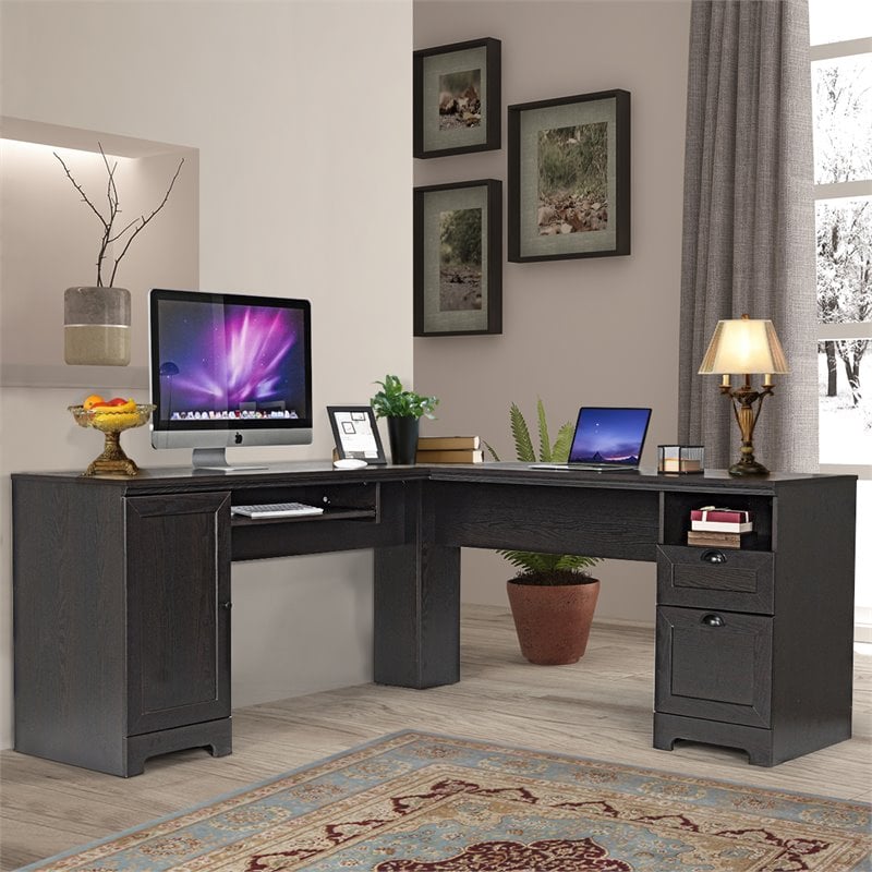 Costway L-Shaped MDF Corner Computer Desk with Drawers in Dark Coffee Finish