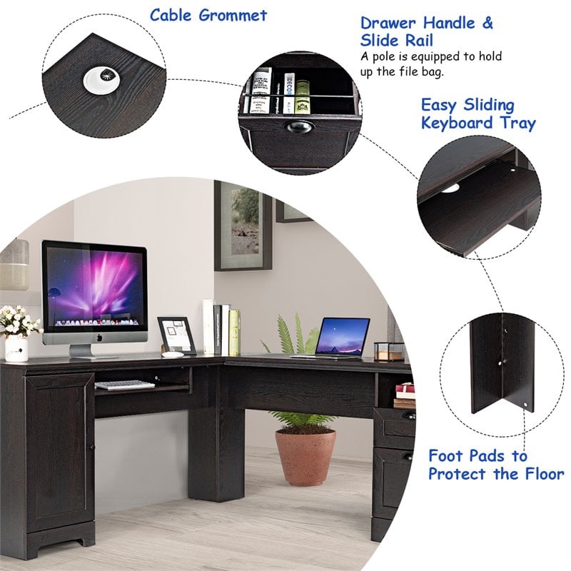 Costway L-Shaped MDF Corner Computer Desk with Drawers in Dark Coffee Finish