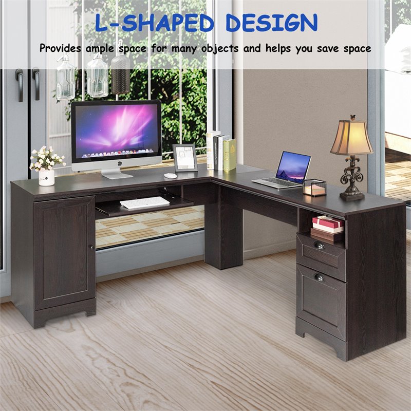 Costway L-Shaped MDF Corner Computer Desk with Drawers in Dark Coffee Finish