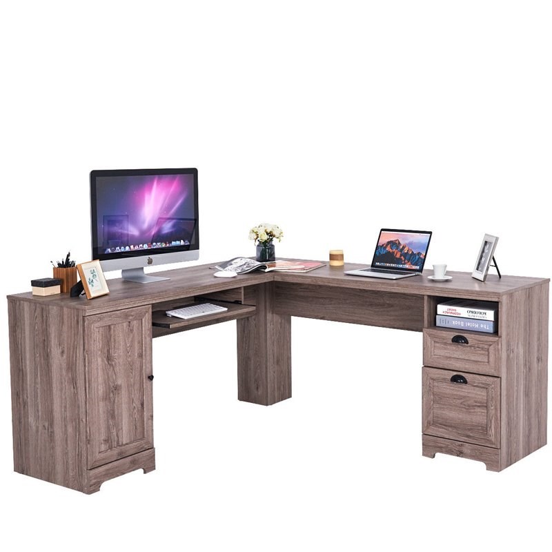 Costway L-Shaped MDF Corner Computer Desk with Drawers in Brown