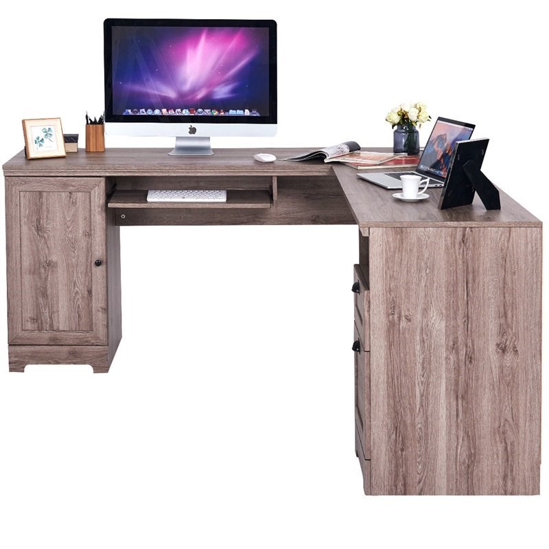 Costway L-Shaped MDF Corner Computer Desk with Drawers in Brown