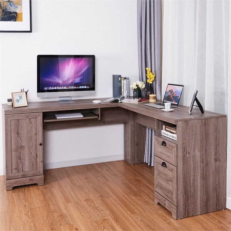 Costway L-Shaped MDF Corner Computer Desk with Drawers in Brown