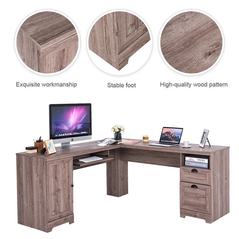 Costway L-Shaped MDF Corner Computer Desk with Drawers in Brown