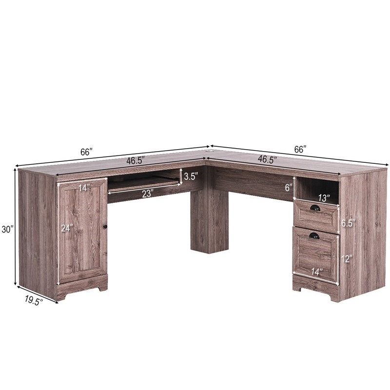 Costway L-Shaped MDF Corner Computer Desk with Drawers in Brown