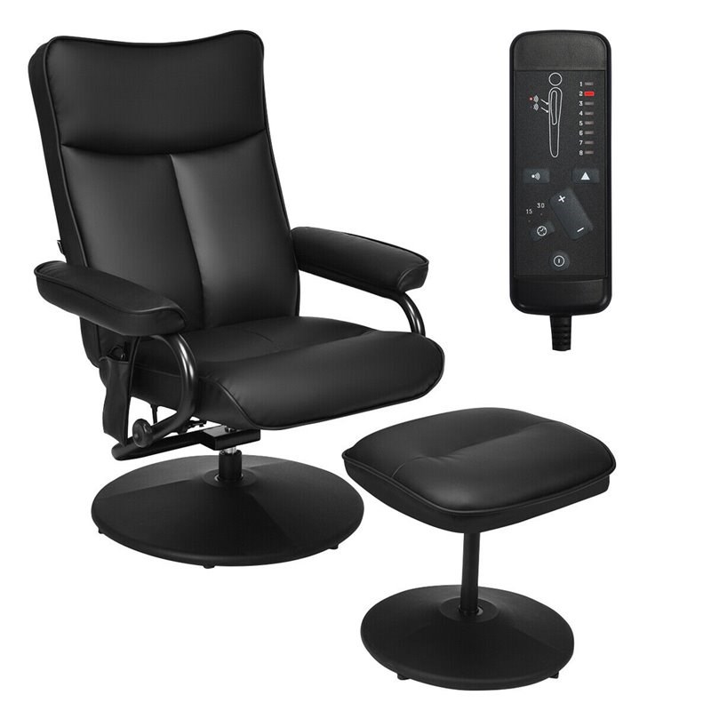 Costway Contemporary PVC and Leather Swivel Recliner Chair with Ottoman in Black