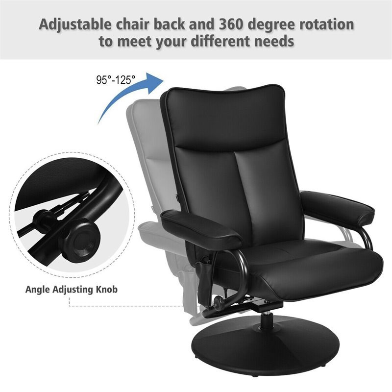 Costway Contemporary PVC and Leather Swivel Recliner Chair with Ottoman in Black