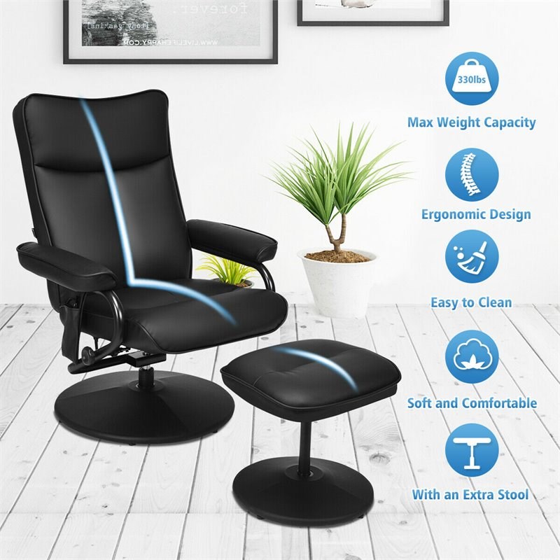 Costway Contemporary PVC and Leather Swivel Recliner Chair with Ottoman in Black