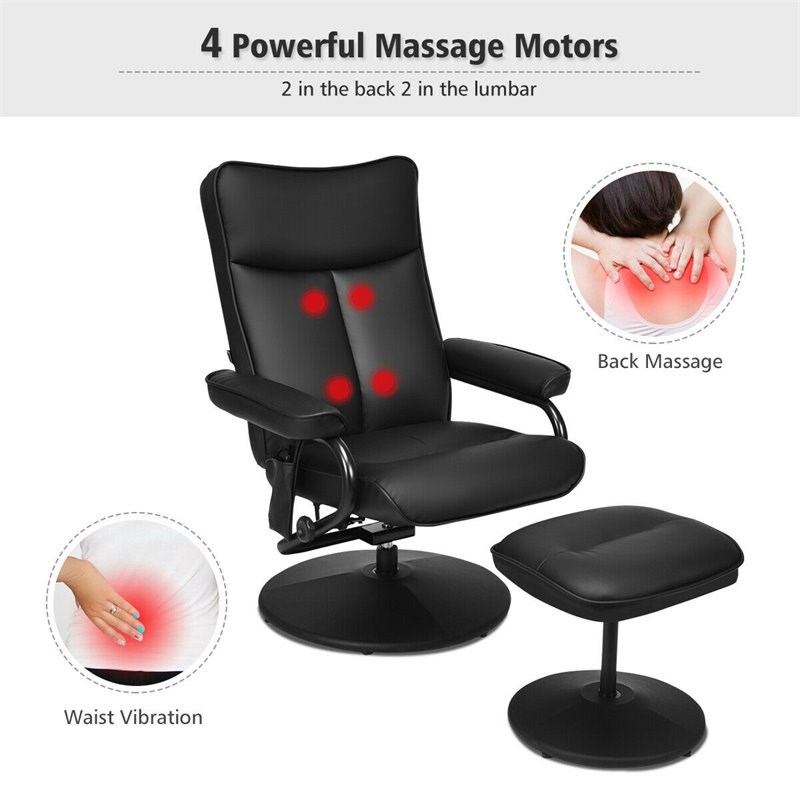 Costway Contemporary PVC and Leather Swivel Recliner Chair with Ottoman in Black