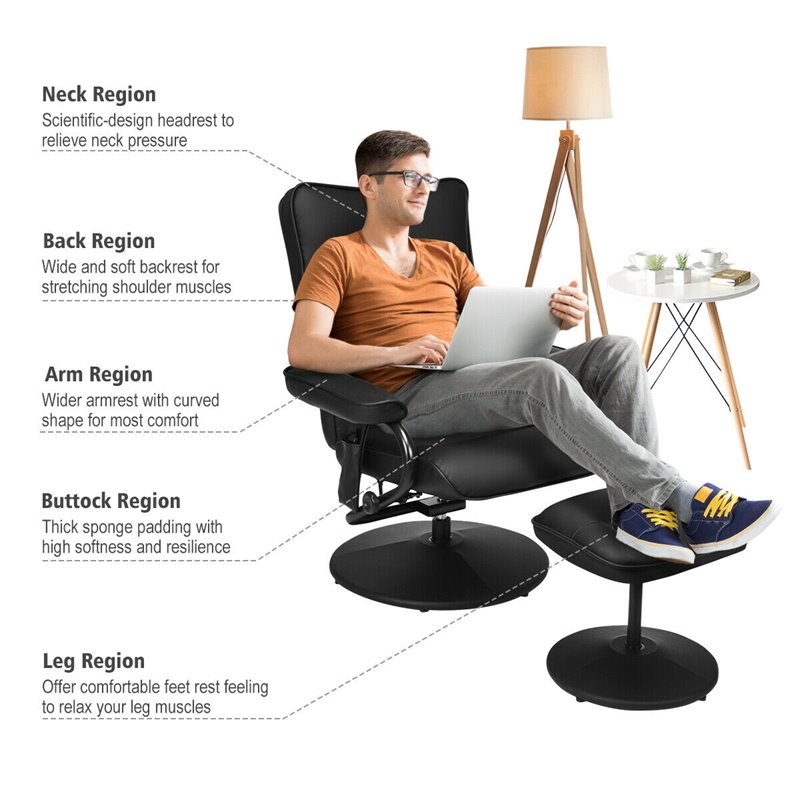Costway Contemporary PVC and Leather Swivel Recliner Chair with Ottoman in Black