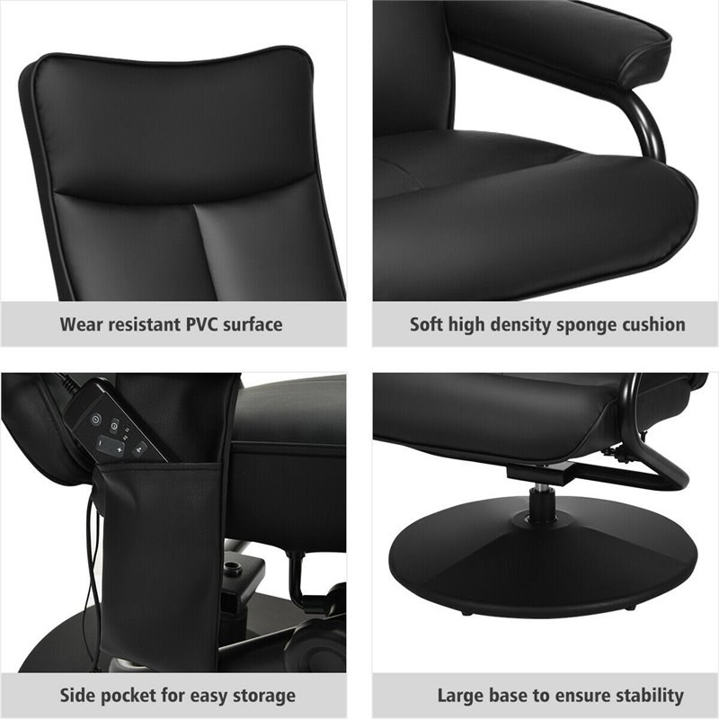 Costway Contemporary PVC and Leather Swivel Recliner Chair with Ottoman in Black