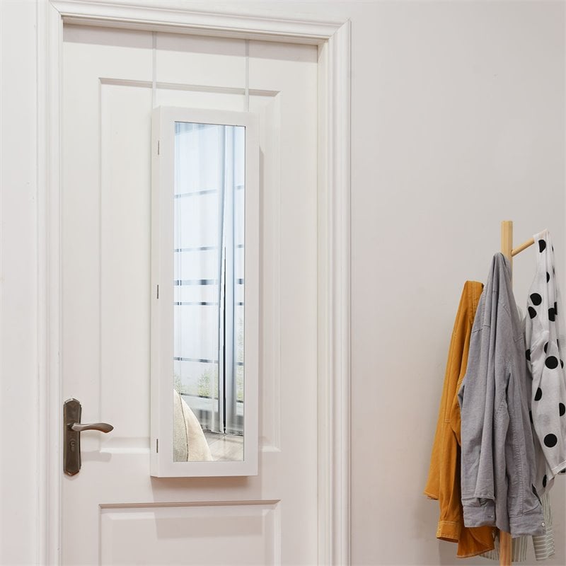 Costway MDF Board Wall/Door Mounted Mirrored Jewelry Cabinet in White