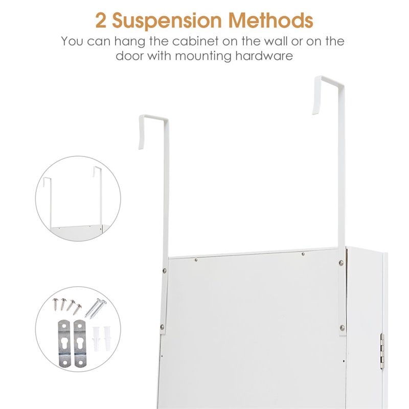 Costway MDF Board Wall/Door Mounted Mirrored Jewelry Cabinet in White