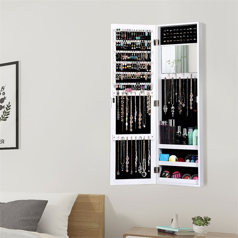 Costway MDF Board Wall/Door Mounted Mirrored Jewelry Cabinet in White