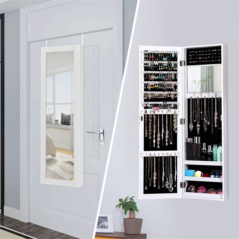 Costway MDF Board Wall/Door Mounted Mirrored Jewelry Cabinet in White