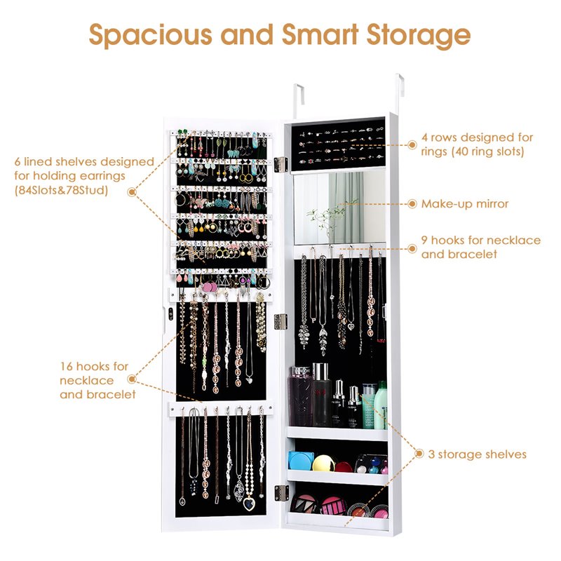 Costway MDF Board Wall/Door Mounted Mirrored Jewelry Cabinet in White