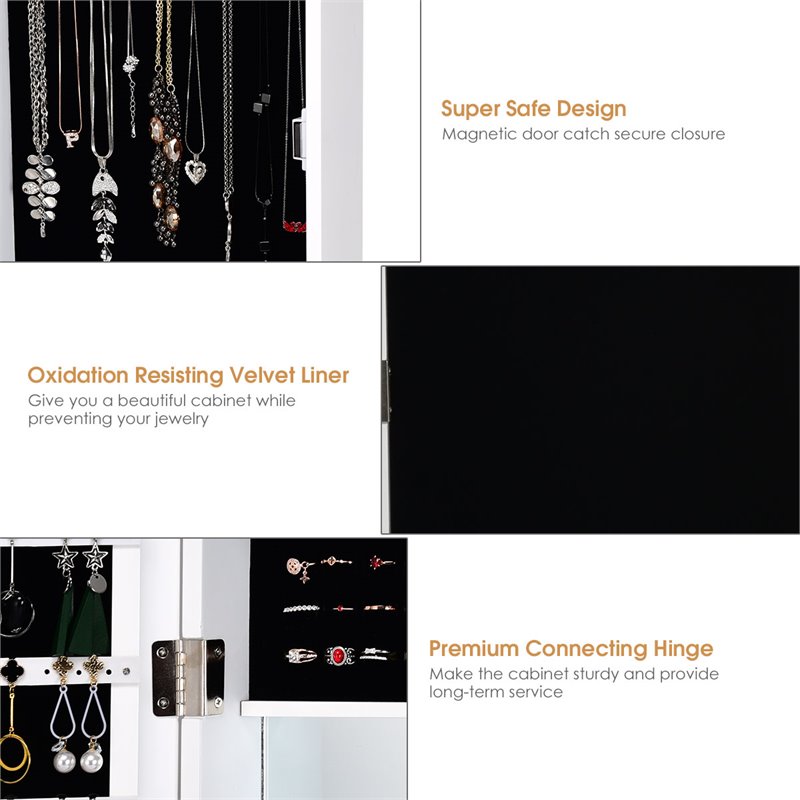 Costway MDF Board Wall/Door Mounted Mirrored Jewelry Cabinet in White