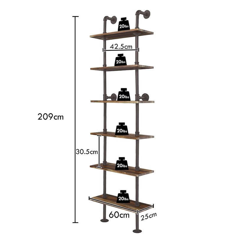 Costway 6-Shelf Contemporary MDF Board and Metal Wall Mount Shelf in Brown