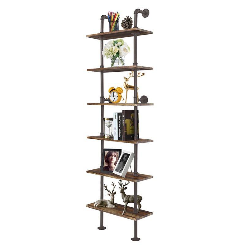 Costway 6-Shelf Contemporary MDF Board and Metal Wall Mount Shelf in Brown