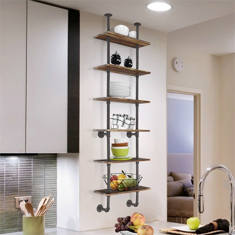 Costway 6-Shelf Contemporary MDF Board and Metal Wall Mount Shelf in Brown